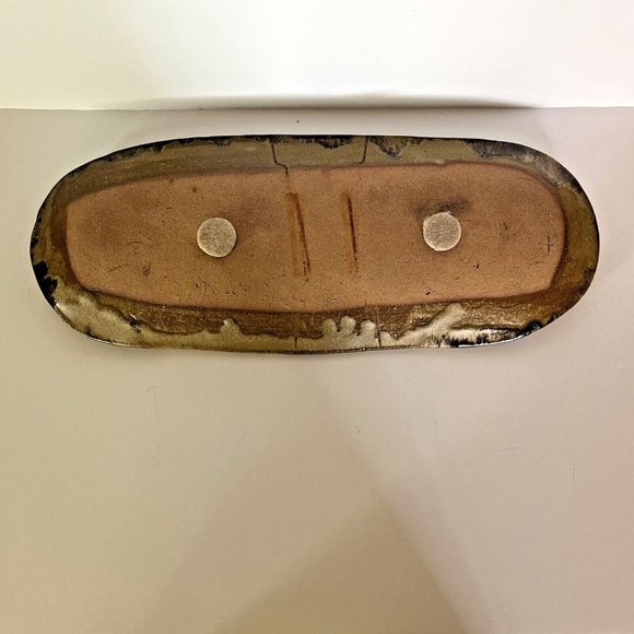 Glazed Pottery Platter Bunnies/Heart Theme Tan/Brown Oval shape 15.5" Handmade - Picture 5 of 12